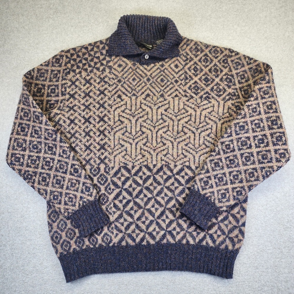 Potomac Collection Geometric Wool Sweater XL Nordic Pattern Shawl Collar Vintage